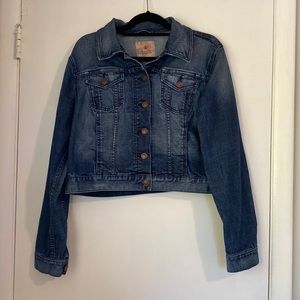 People's Liberation Womens Distressed Stretch Button Down Trucker Jacket Large